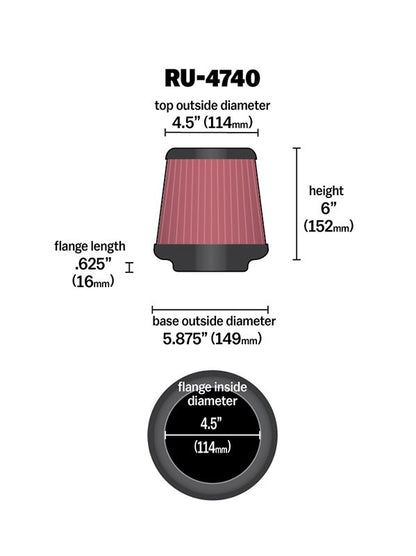 K&N Engineering K&N Filter Universal Rubber Filter Round Tapered 4.5in  Flange 5.875in Base 4.5 inch Top 6in  Height RU-4740