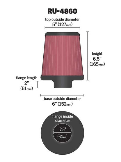 K&N Engineering K&N Filter Universal Rubber Filter 2 1/2 inch Flange 6 inch Base 5 inch Top 6 1/2 inch Height RU-4860
