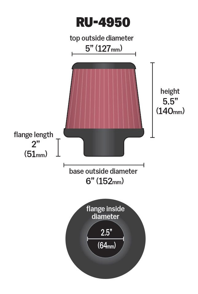 K&N Engineering K&N Filter Universal Rubber Filter 2 1/2 inch Flange 6 inch Base 5 inch Top 5 1/2 inch Height RU-4950