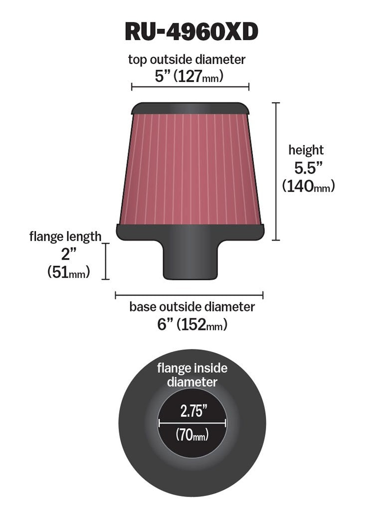 K&N Engineering K&N Filter Universal Clamp-On Filter-Round Tapered 2.75in Flange ID x 6in Base OD x 5in Top OD RU-4960XD