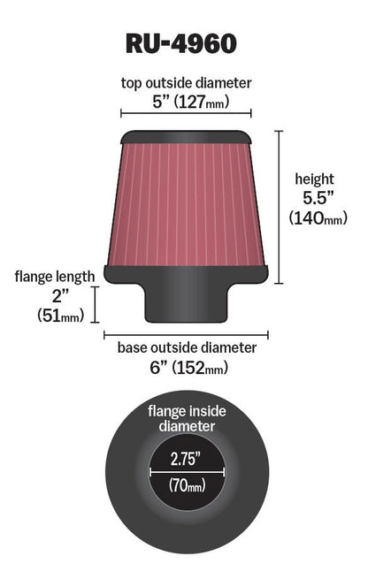 K&N Engineering K&N Filter Universal Rubber Filter 2 3/4 inch Flange 6 inch Base 5 inch Top 5 1/2 inch Height RU-4960