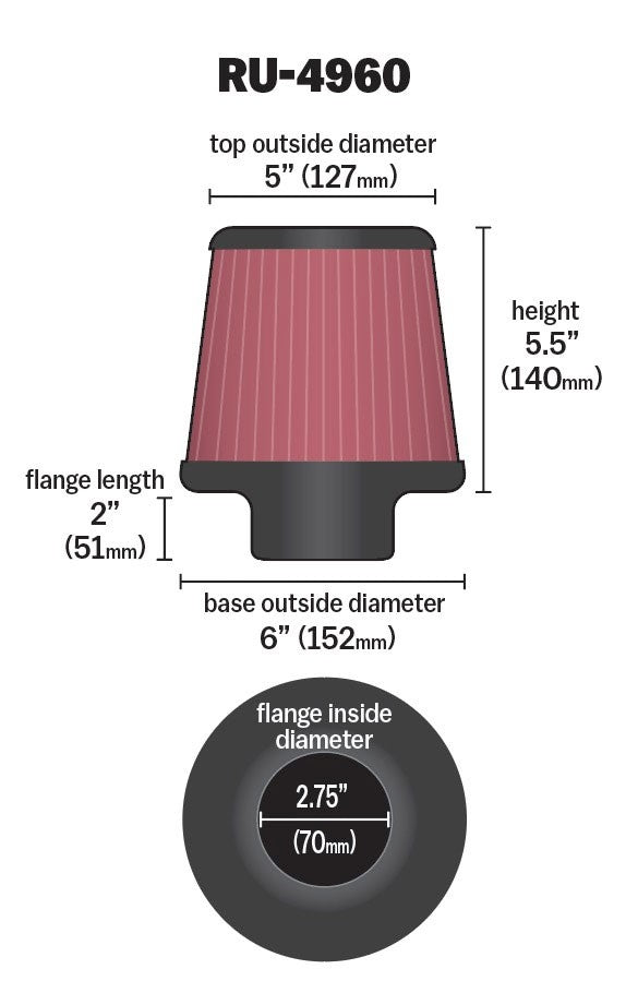 K&N Engineering K&N Filter Universal Rubber Filter 2 3/4 inch Flange 6 inch Base 5 inch Top 5 1/2 inch Height RU-4960