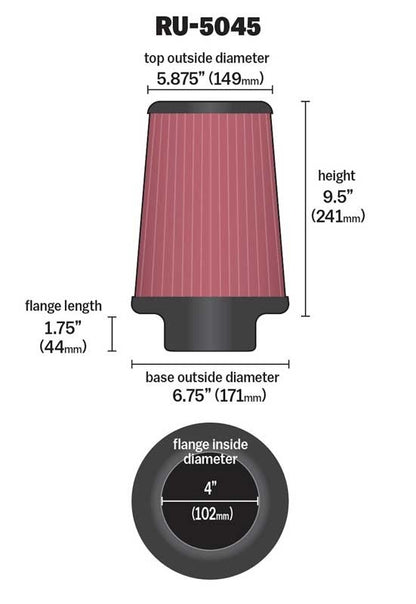 K&N Engineering K&N Filter 4 inch Flange 6 3/4 inch OD Base 5 7/8 inch OD Top 9 1/2 inch Height RU-5045