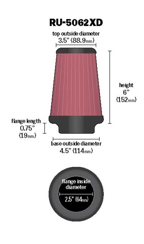 K&N Engineering K&N Universal Rubber Filter 2-1/2in Flg / 4-1/2in OD B / 3-1/2in OD T / 6in H - Black Top RU-5062XD