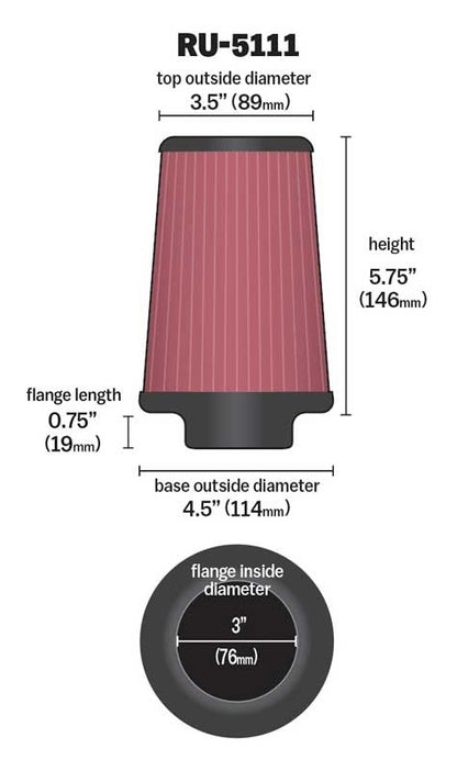 K&N Engineering K&N Filter Universal Rubber Filter 3  Flange 4 1/2 Base inch 3 1/2 inch Top 5 3/4 inch Height RU-5111