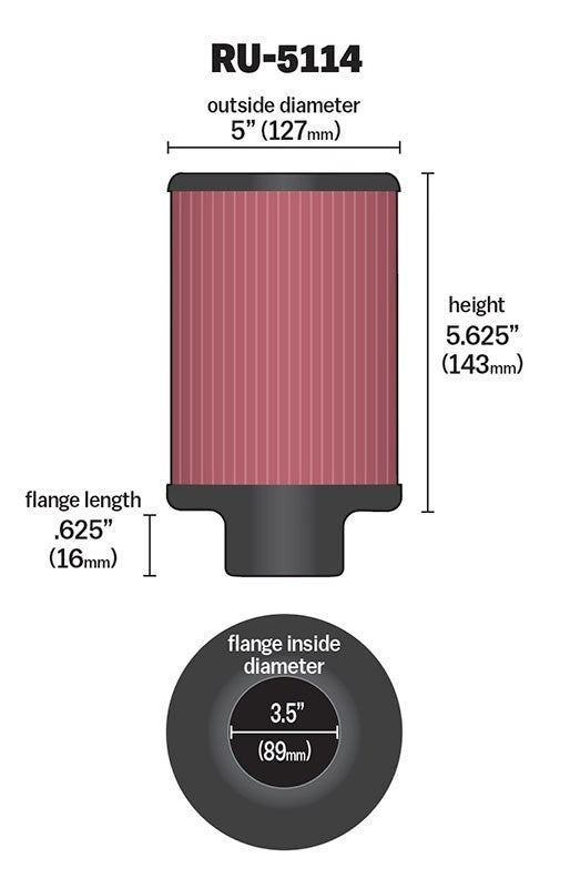 K&N Engineering K&N Filter Universal Rubber Filter 3.5in Flange ID x 5in OD x 5.625in H RU-5114