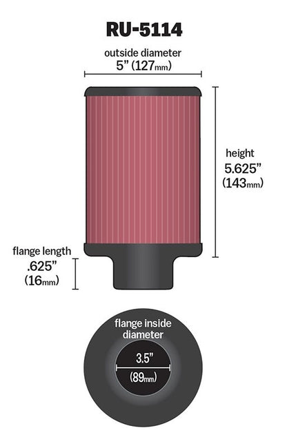 K&N Engineering K&N Filter Universal Rubber Filter 3.5in Flange ID x 5in OD x 5.625in H RU-5114