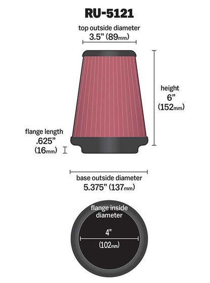 K&N Engineering K&N Filter Universal Rubber Filter 4inch Flange 5 3/8inch Base 3 1/2inch Top 6inch Height - Top has RU-5121