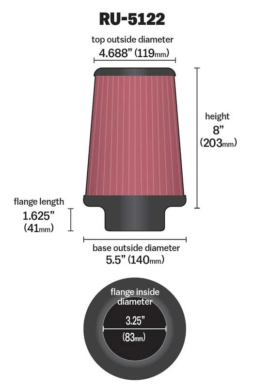 K&N Engineering K&N Filter Universal Rubber Filter 3.25  Flange 5.5 Base 4.6875 Top 8 Height RU-5122
