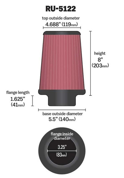 K&N Engineering K&N Filter Universal Rubber Filter 3.25  Flange 5.5 Base 4.6875 Top 8 Height RU-5122