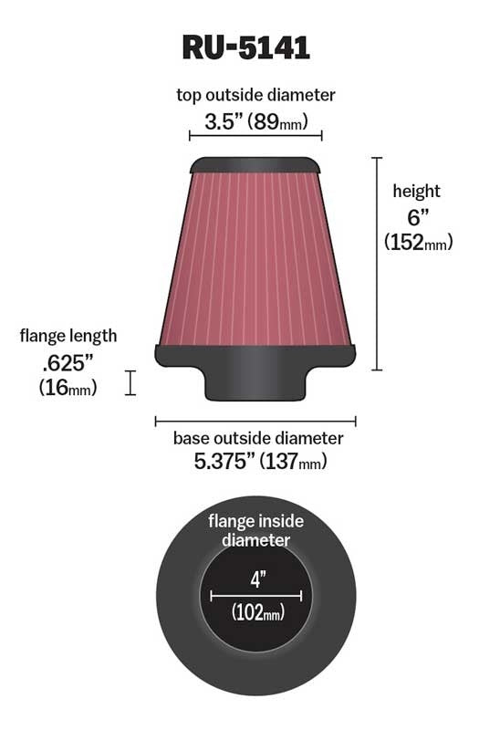 K&N Engineering K&N Filter Universal Rubber Filter 4in Flng ID 5.375in Base 3.5in Top 6in Height RU-5141