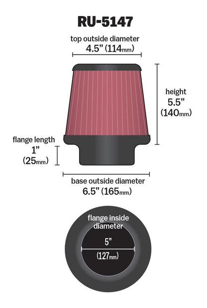 K&N Engineering K&N Filter Universal Rubber Filter 5in Flange 6.5in Base 4.5in Top 5.5in Height RU-5147