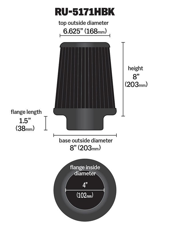 K&N Engineering K&N Universal Rubber Filter-Round Tapered 4in Flange ID x 8in Base OD x 6.625in Top OD x 8in H RU-5171HBK