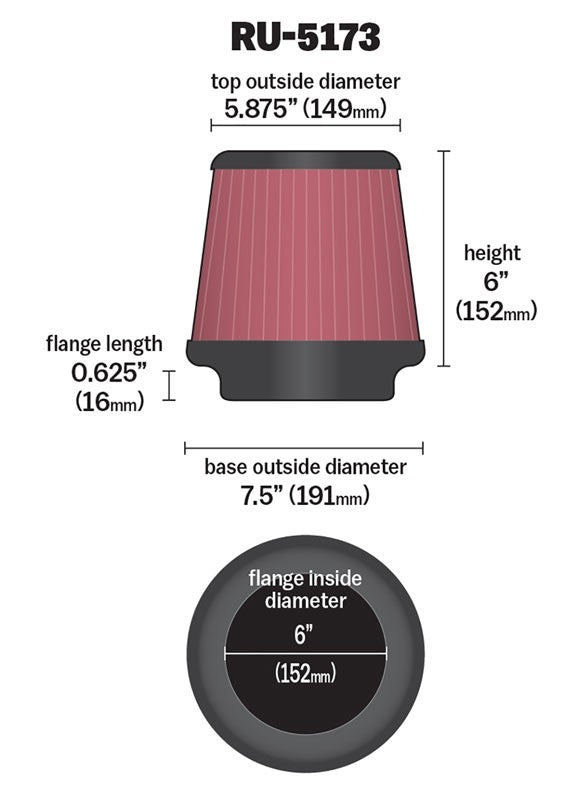 K&N Engineering K&N Universal Clamp-On Air Filter 6in FLG / 7-1/2in B / 5-7/8in T / 6in H RU-5173