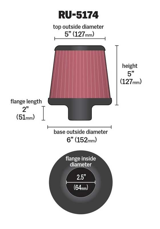K&N Engineering K&N Universal Rubber Filter-Round Tapered 2.5in Flange ID x 6in Base OD x 5in Top OD x 5in Height RU-5174