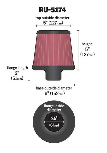 K&N Engineering K&N Universal Rubber Filter-Round Tapered 2.5in Flange ID x 6in Base OD x 5in Top OD x 5in Height RU-5174