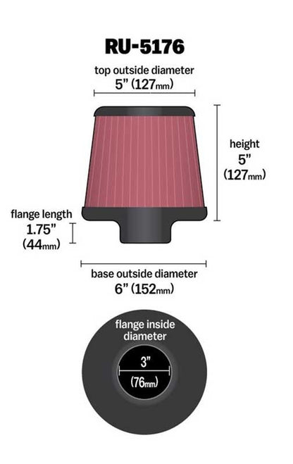 K&N Engineering K&N Universal Rubber Filter-Round Tapered 3in Flange ID x 6in Base OD x 6in Top OD x 5in H RU-5176