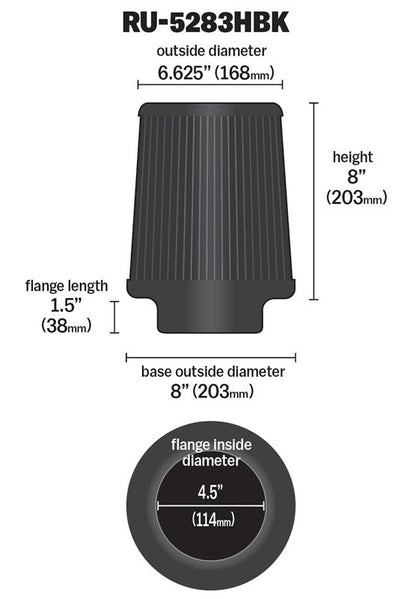 K&N Engineering K&N Universal Rubber Filter-Round Tapered 4.5in Flange ID x 8in Base OD x 6.625in Top OD x 8in H RU-5283HBK