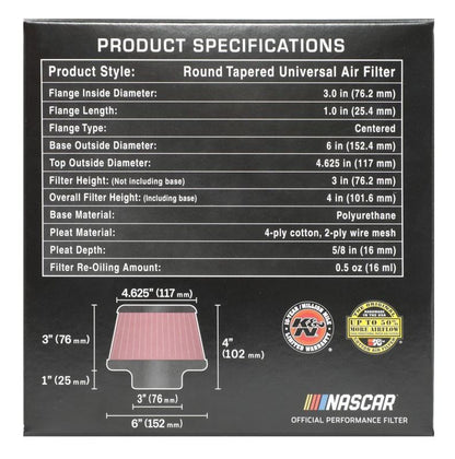K&N Engineering K&N Universal Round Clamp-On Air Filter 3in Flange ID x 6in Base OD x 4.625in Top OD x 3in Height RU-5288