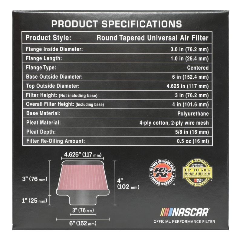 K&N Engineering K&N Universal Round Clamp-On Air Filter 3in Flange ID x 6in Base OD x 4.625in Top OD x 3in Height RU-5288