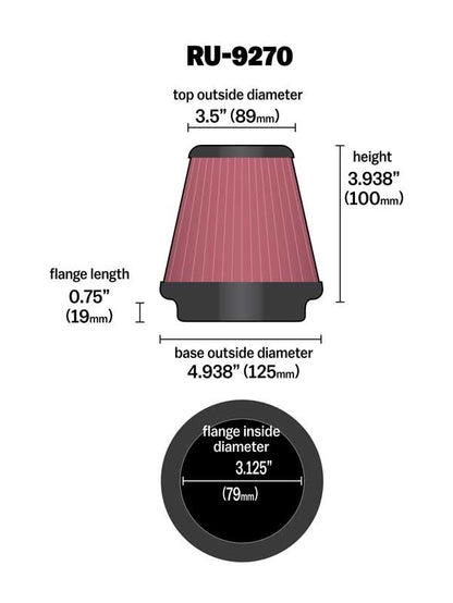 K&N Engineering K&N Universal Tapered Filter 3-1/8in Flange IDx4-15/16in Base OD x 3-1/2in Top OD x 3-15/16in Height RU-9270