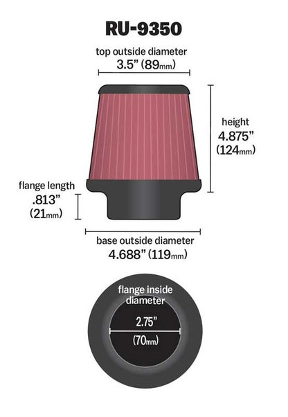 K&N Engineering K&N Universal Clamp-On Air Filter 2-3/4in FLG / 4-11/16in B / 3-1/2in T / 4-7/8in H RU-9350