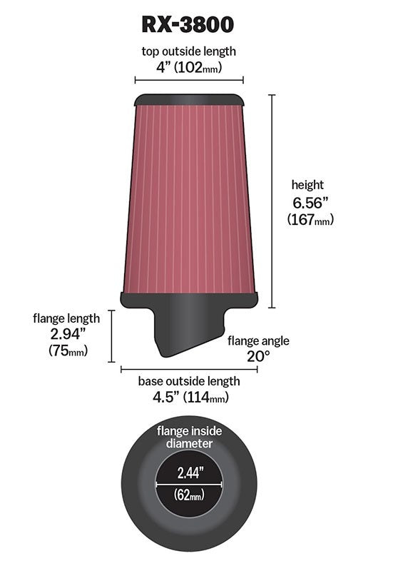 K&N Engineering K&N Filter Universal X Stream Clamp-On 2.438in Flange ID x 4.5in Base OD x 4in Top OD x 6.563in H RX-3800