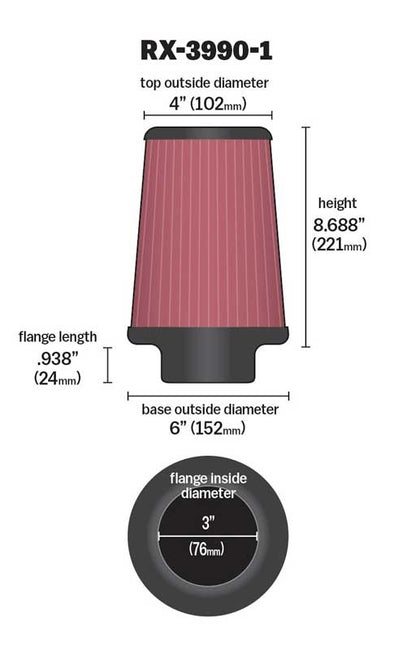 K&N Engineering K&N Filter Universal X Stream Clamp-On 4in Top OD x 6in Base OD x 8.688in H x 3in Flange ID RX-3990-1