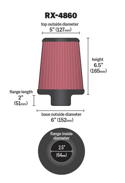 K&N Engineering K&N Filter Universal X-Stream Clamp-On Round Tprd 2.5in Flng ID x 6in Base OD x 5in Top OD x 6.5in H RX-4860