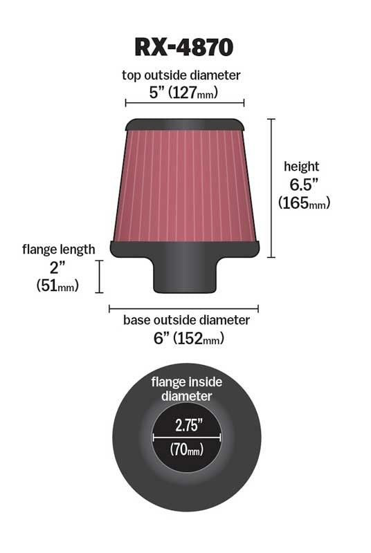 K&N Engineering K&N Filter Universal X Stream Clamp-On 2 3/4 inch Flange 6 inch Base  5 inch Top 6 1/2 inch Height RX-4870