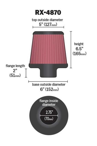 K&N Engineering K&N Filter Universal X Stream Clamp-On 2 3/4 inch Flange 6 inch Base  5 inch Top 6 1/2 inch Height RX-4870