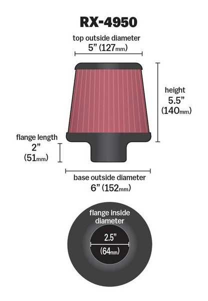 K&N Engineering K&N Filter Universal X Stream Clamp-On 2.5in Flange ID / 6in Base OD / 5in Top OD / 5.5in Height RX-4950