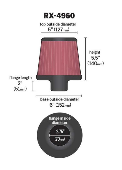 K&N Engineering K&N Filter Universal X Stream Clamp-On 2.75in Flange ID / 6in Base OD / 5in Top OD / 5.5in Height RX-4960
