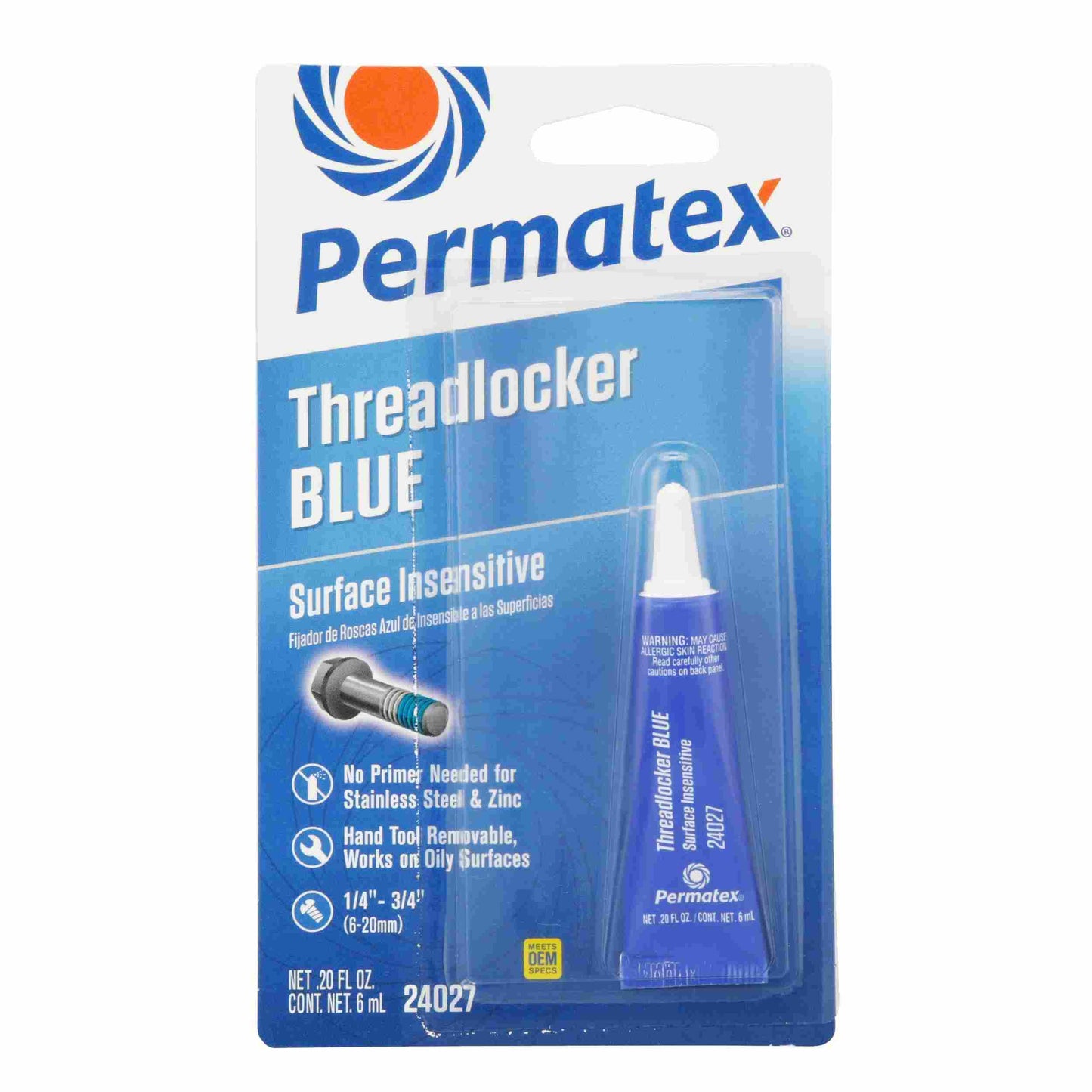 Permatex Surface Insensitive Threadlocker Blue ,  6 mL tube, carded,