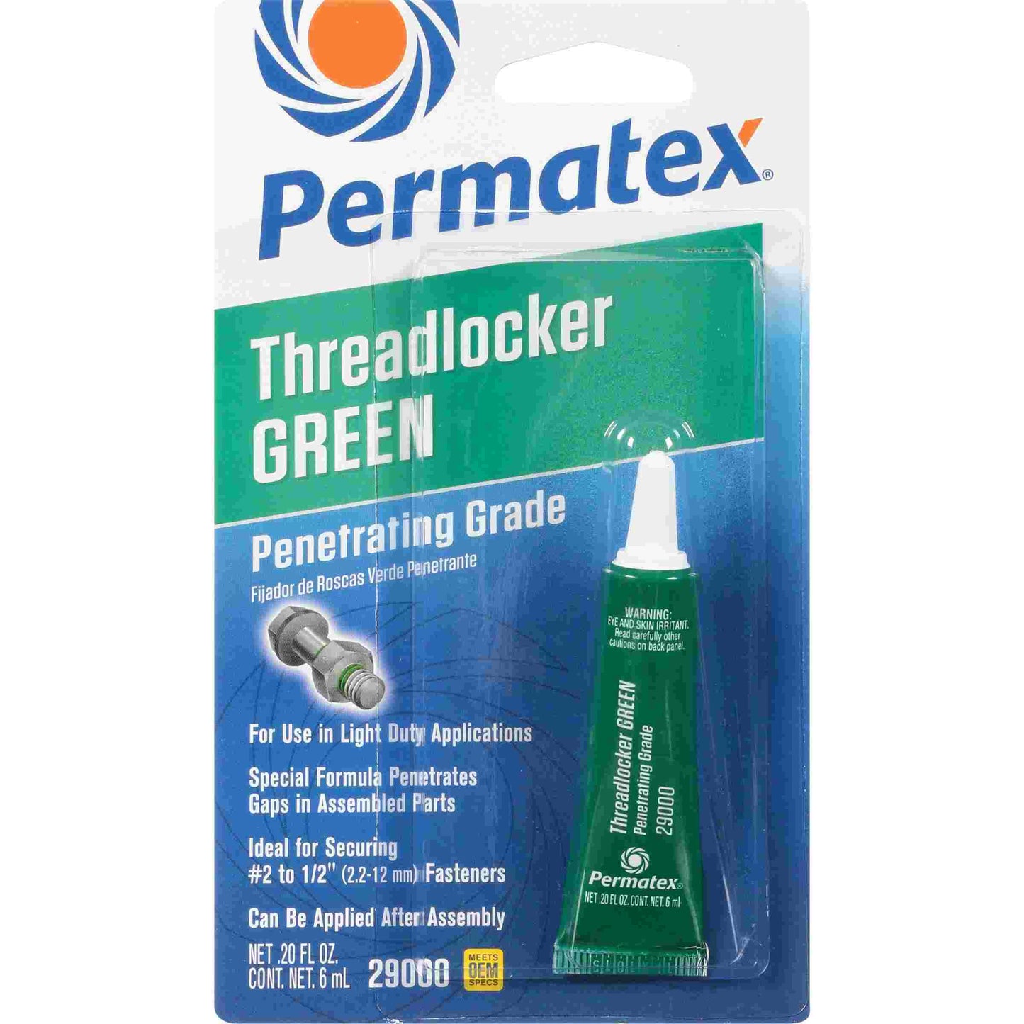 Permatex  Penetrating Grade Threadlocker Green ,  6 mL tube, carded, Ea
