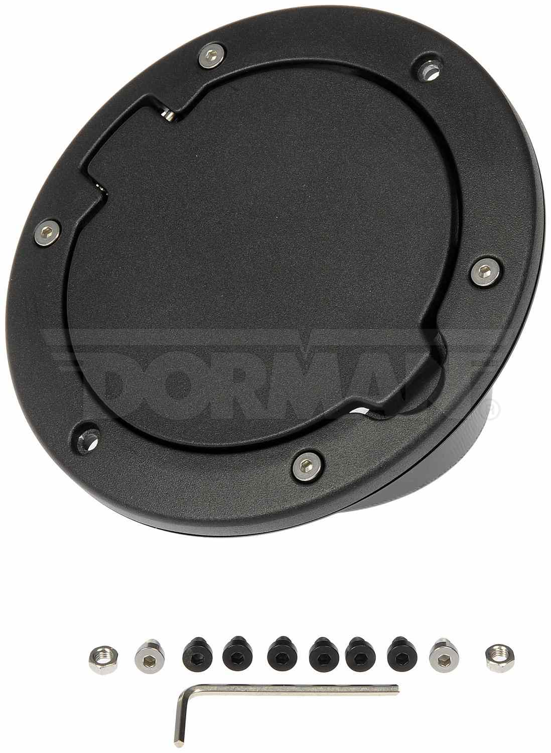 Dorman Fuel Filler Door Kit with aluminum lid and stainless hardware for 2007-2017 Jeep Wrangler 47344
