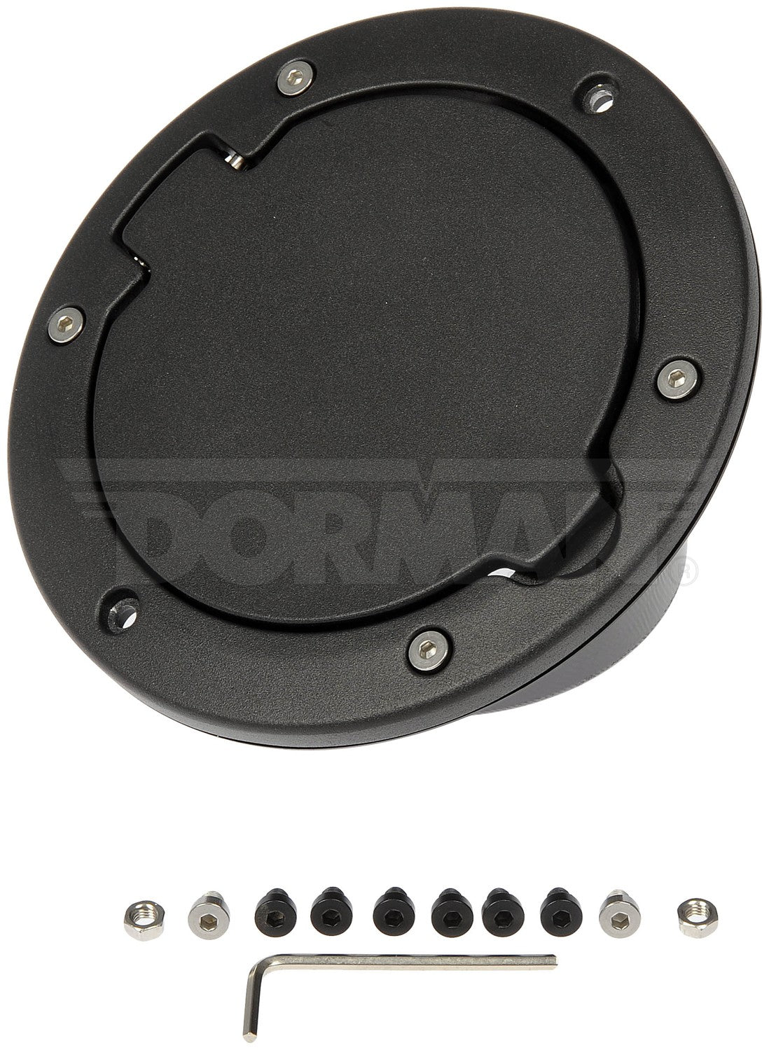 Dorman Fuel Filler Door Kit with aluminum lid and stainless hardware for 2007-2017 Jeep Wrangler 47344
