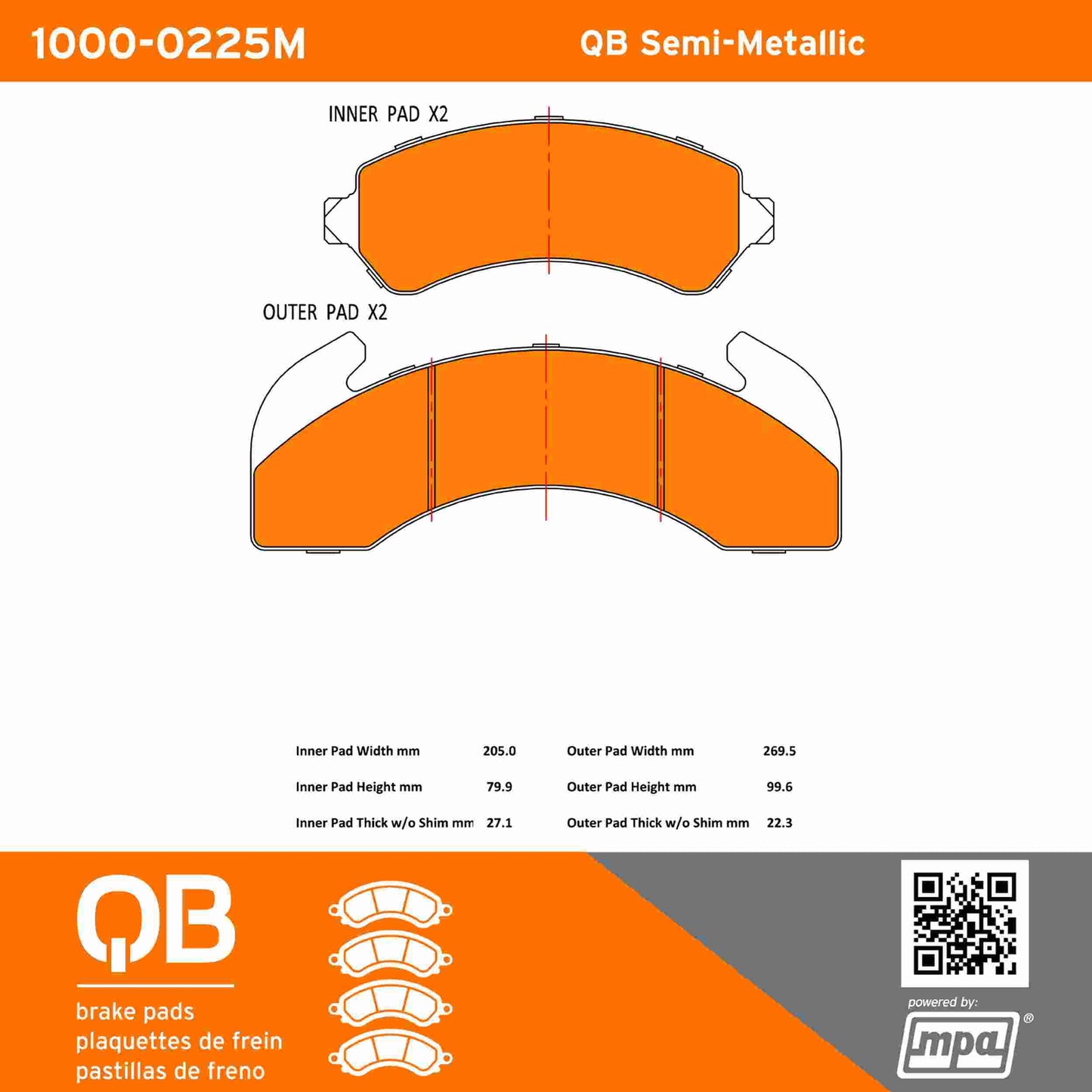 Quality-Built QB Semi-Metallic Brake Pads 1000-0225M