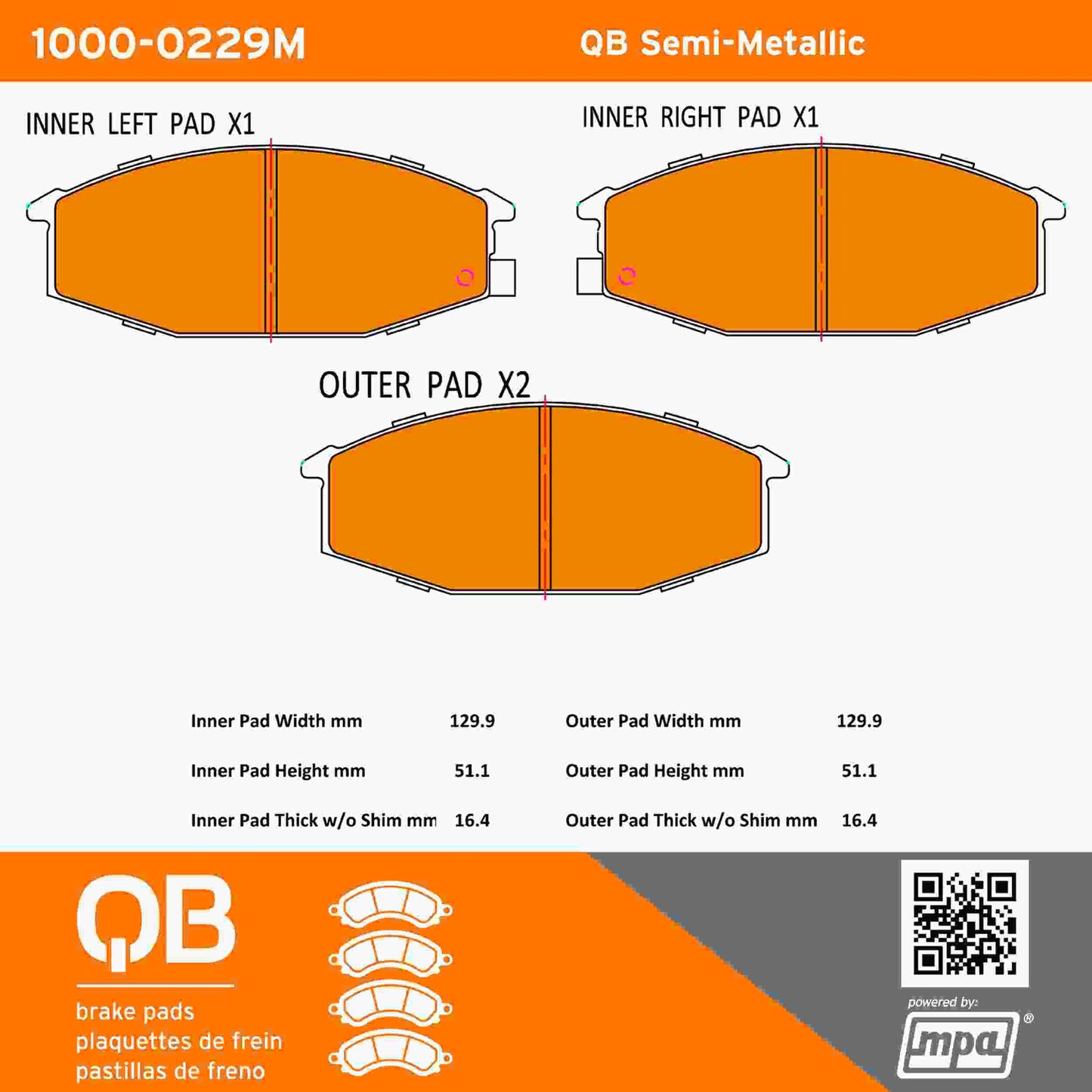 Quality-Built QB Semi-Metallic Brake Pads 1000-0229M