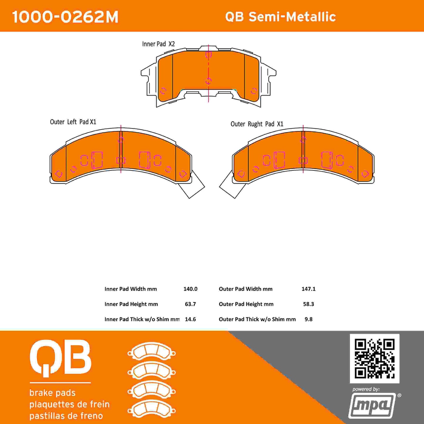 Quality-Built QB Semi-Metallic Brake Pads 1000-0262M