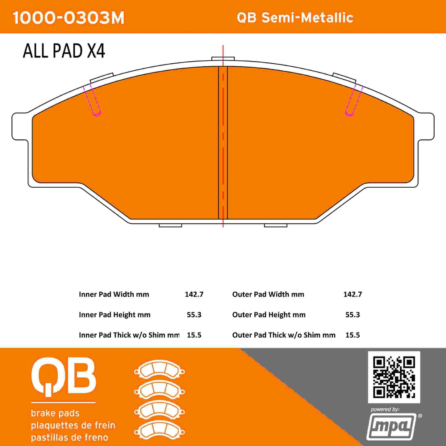 Quality-Built QB Semi-Metallic Brake Pads 1000-0303M
