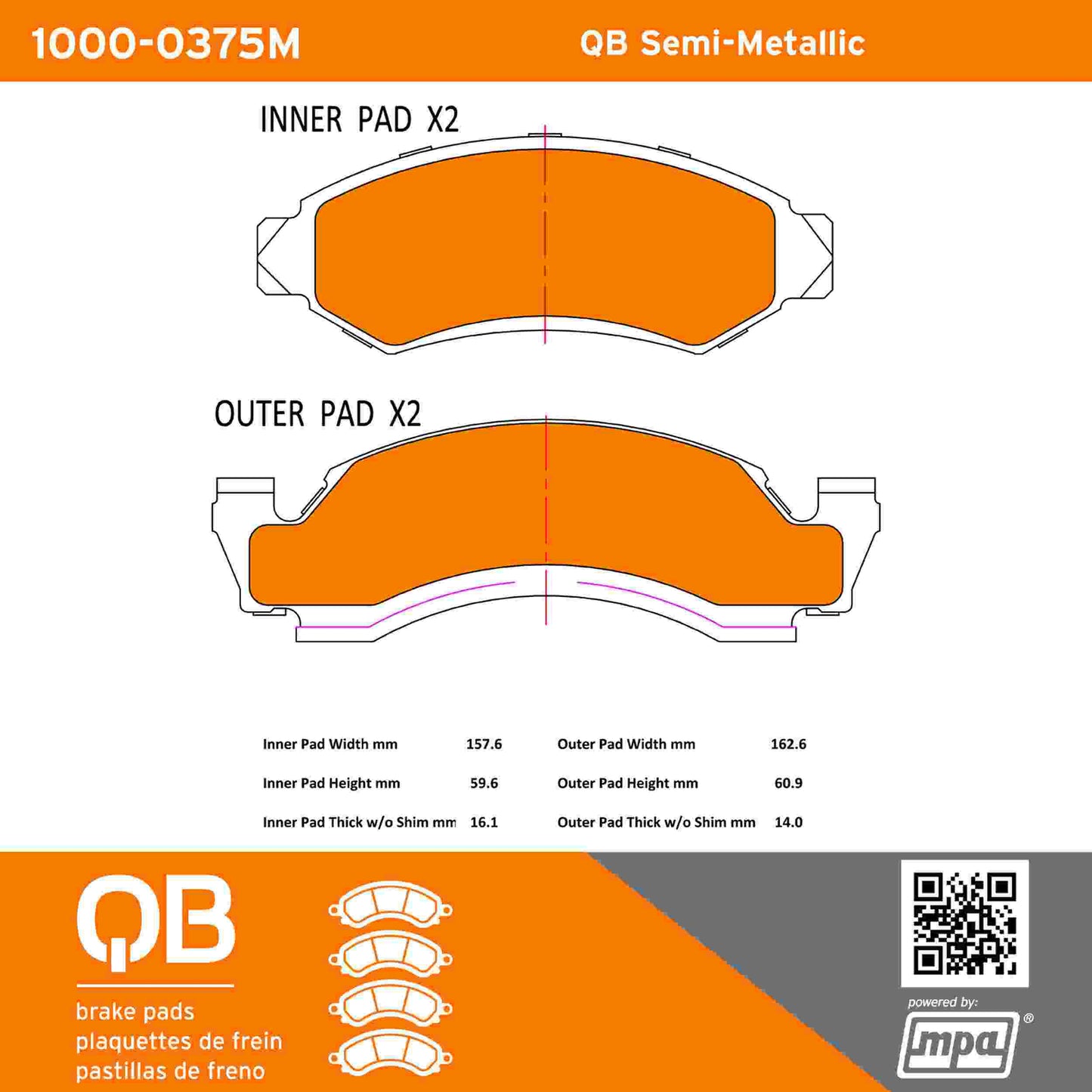 Quality-Built QB Semi-Metallic Brake Pads 1000-0375M