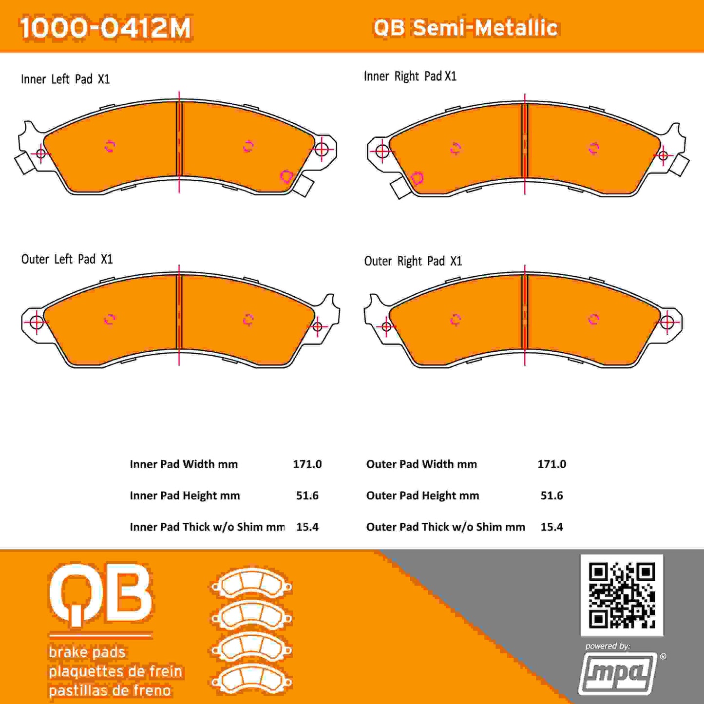 Quality-Built QB Semi-Metallic Brake Pads 1000-0412M