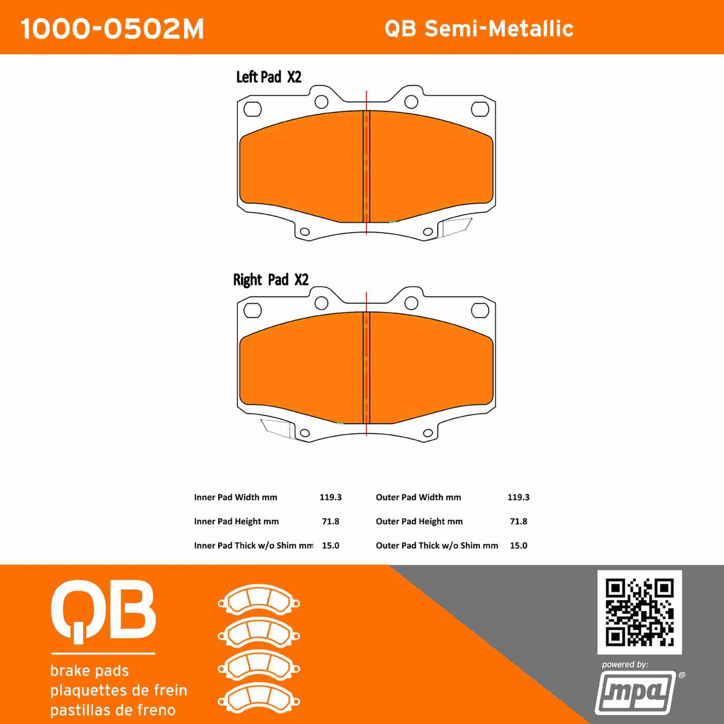 Quality-Built QB Semi-Metallic Brake Pads 1000-0502M