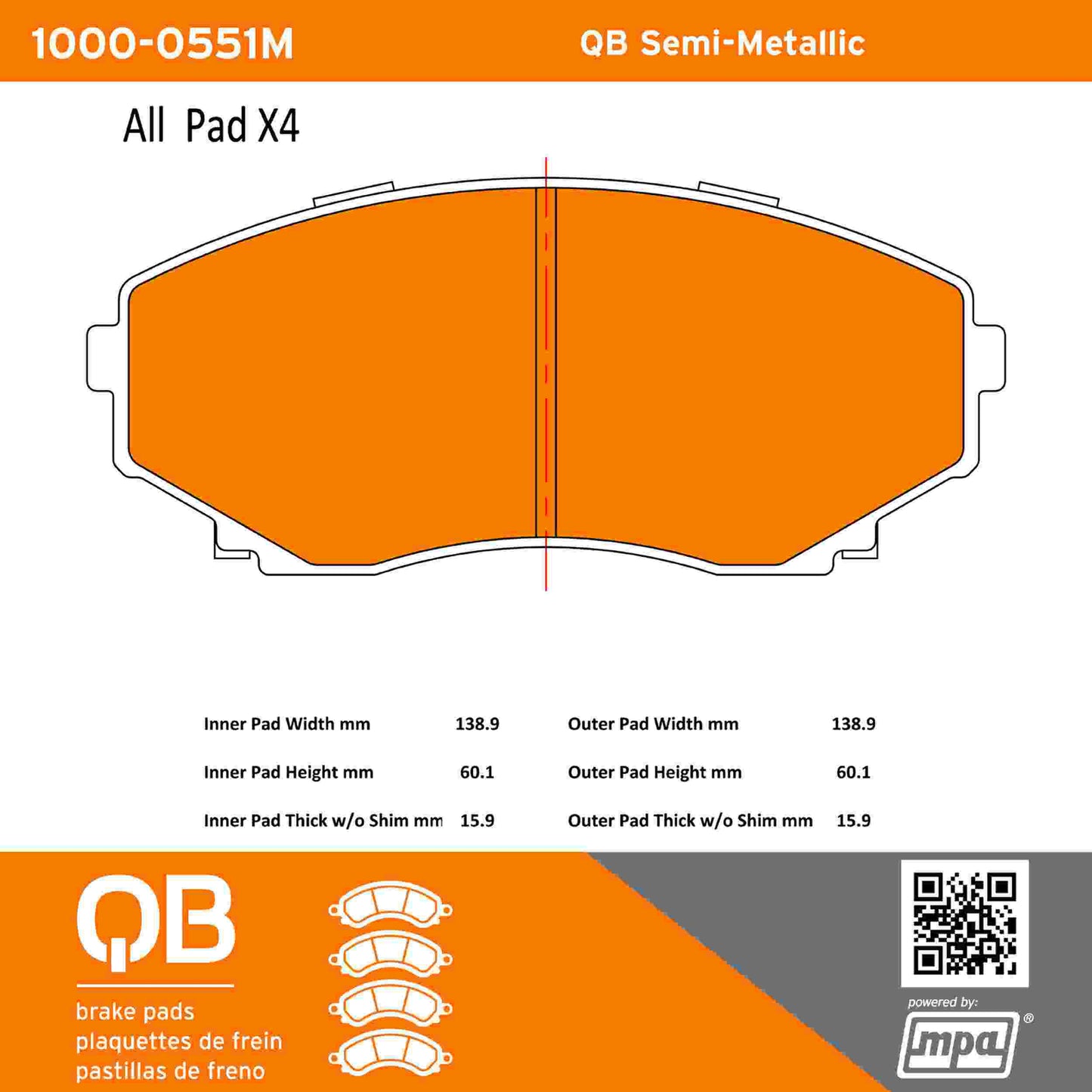 Quality-Built QB Semi-Metallic Brake Pads 1000-0551M