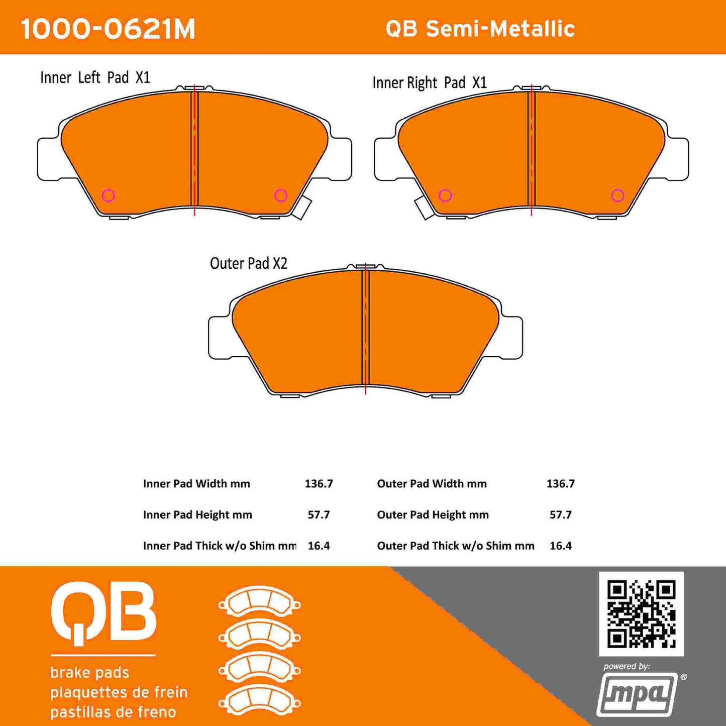 Quality-Built QB Semi-Metallic Brake Pads 1000-0621M