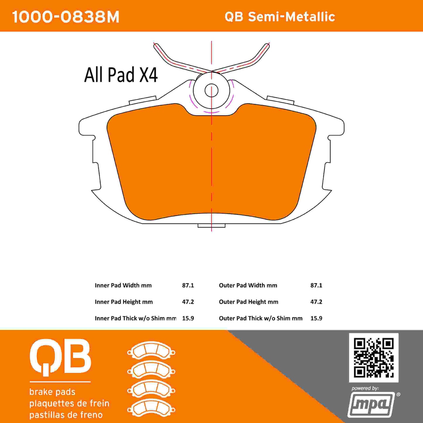 Quality-Built QB Semi-Metallic Brake Pads 1000-0838M