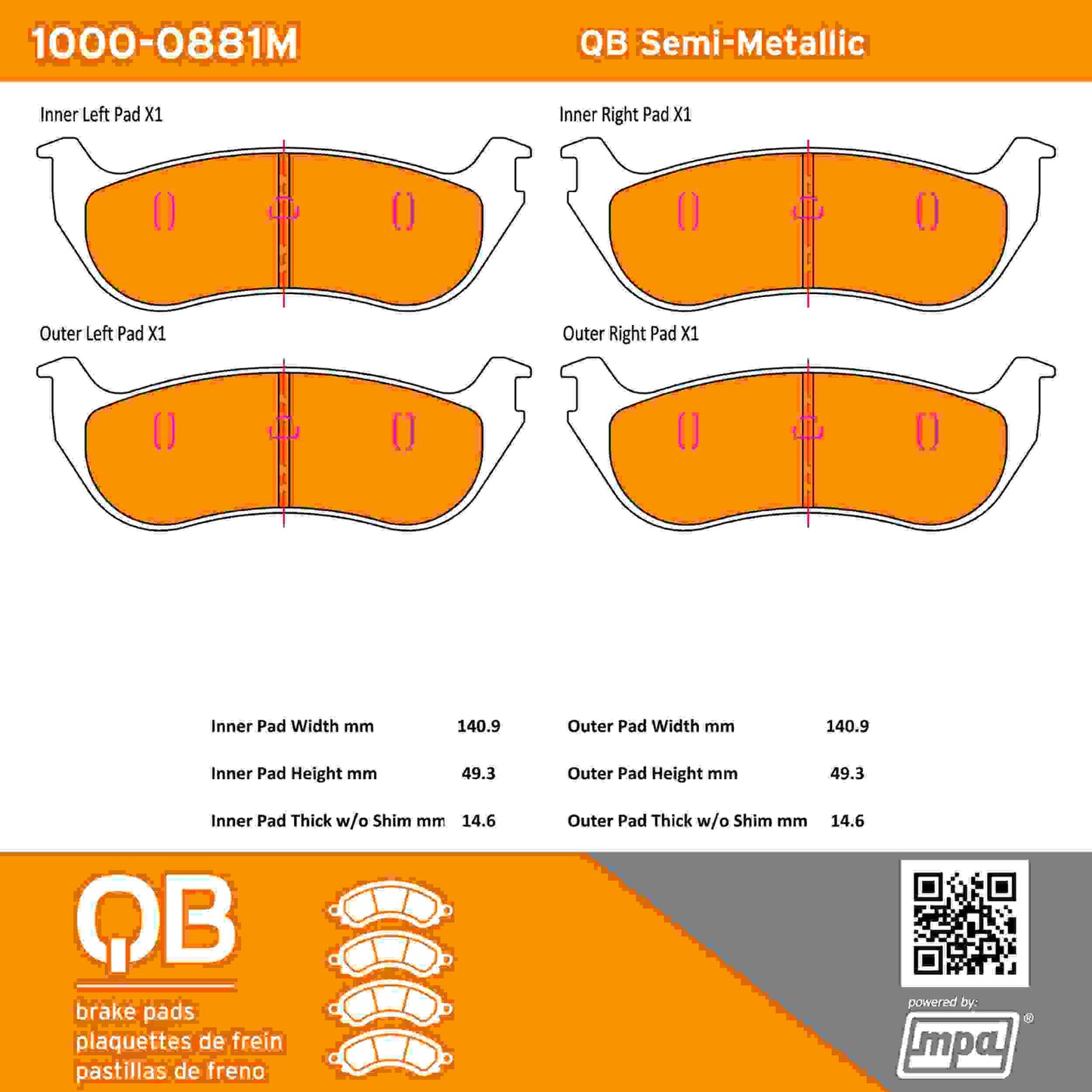 Quality-Built QB Semi-Metallic Brake Pads 1000-0881M