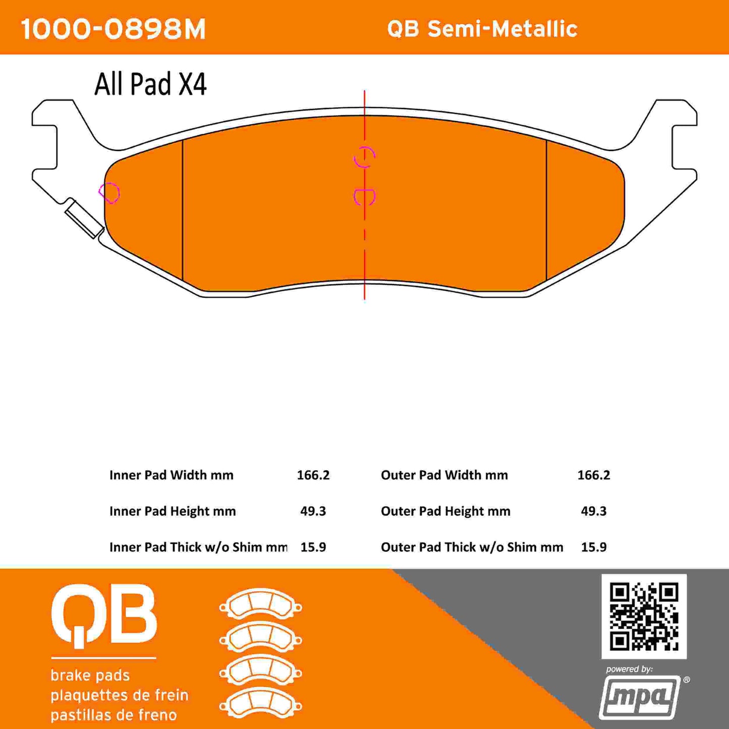 Quality-Built QB Semi-Metallic Brake Pads 1000-0898M