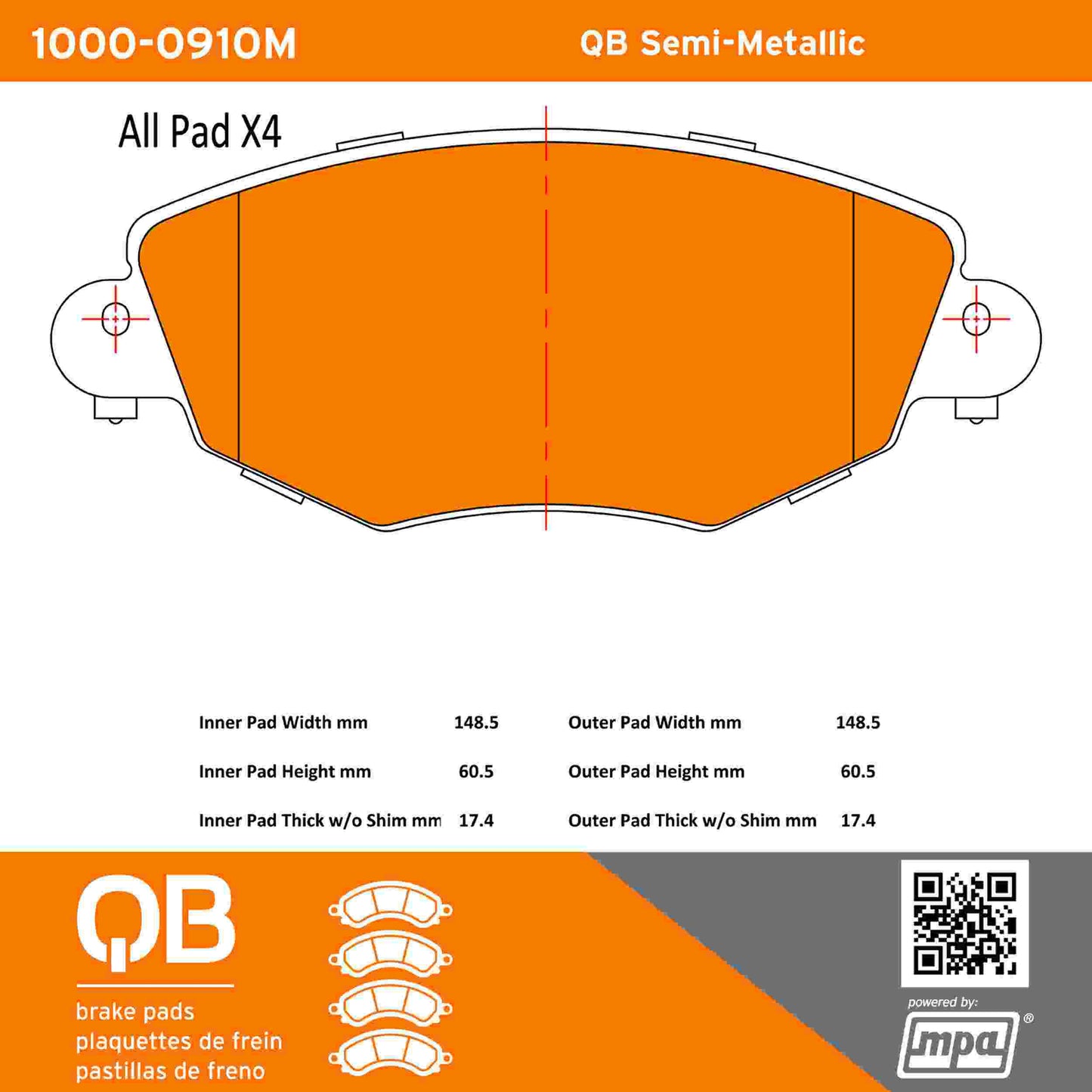 Quality-Built QB Semi-Metallic Brake Pads 1000-0910M